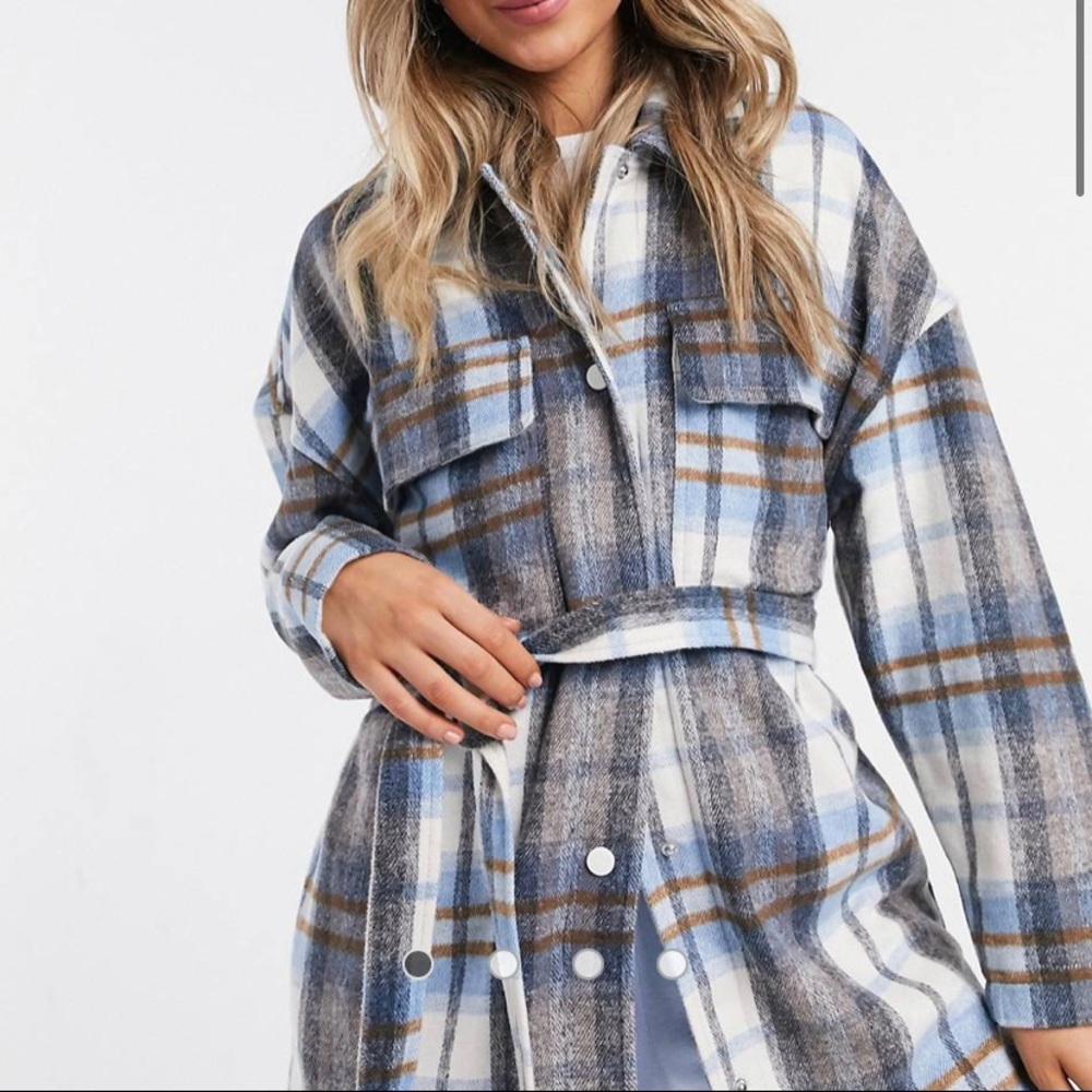 Stradivarius blue plaid belted shacket Sz m new